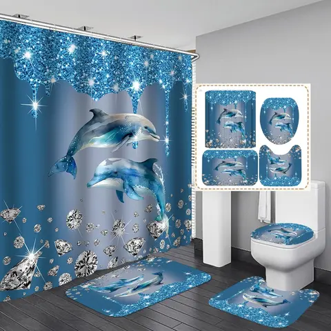 4PCS Blue Dolphin Modern Diamond Flannel Bathroom Set - Thick Durable Waterproof Shower Curtain, Acrylic Rugs, Toilet Lid Cover, Freestanding Bath Mat, 12 Hooks, Home Decor Accessory, Bathroom Decor Accessory