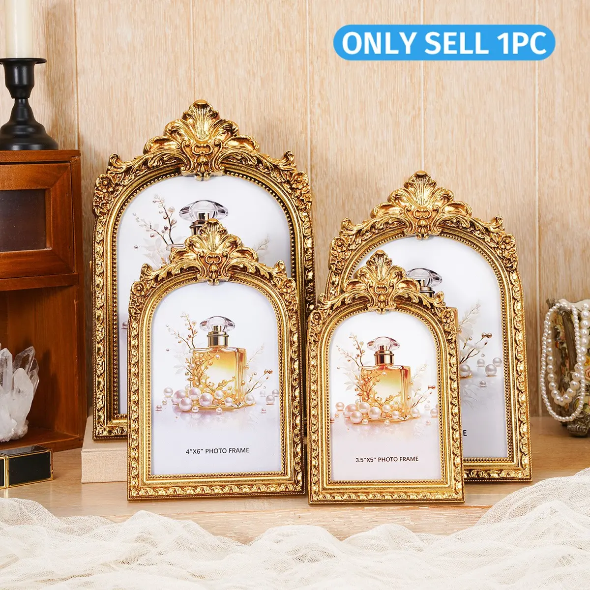 European Gold Baroque Arch Frame, Resin Photo Holder, Luxury Wedding Portrait Frame, Court Painting Frame, Desktop Decor, Gift Box