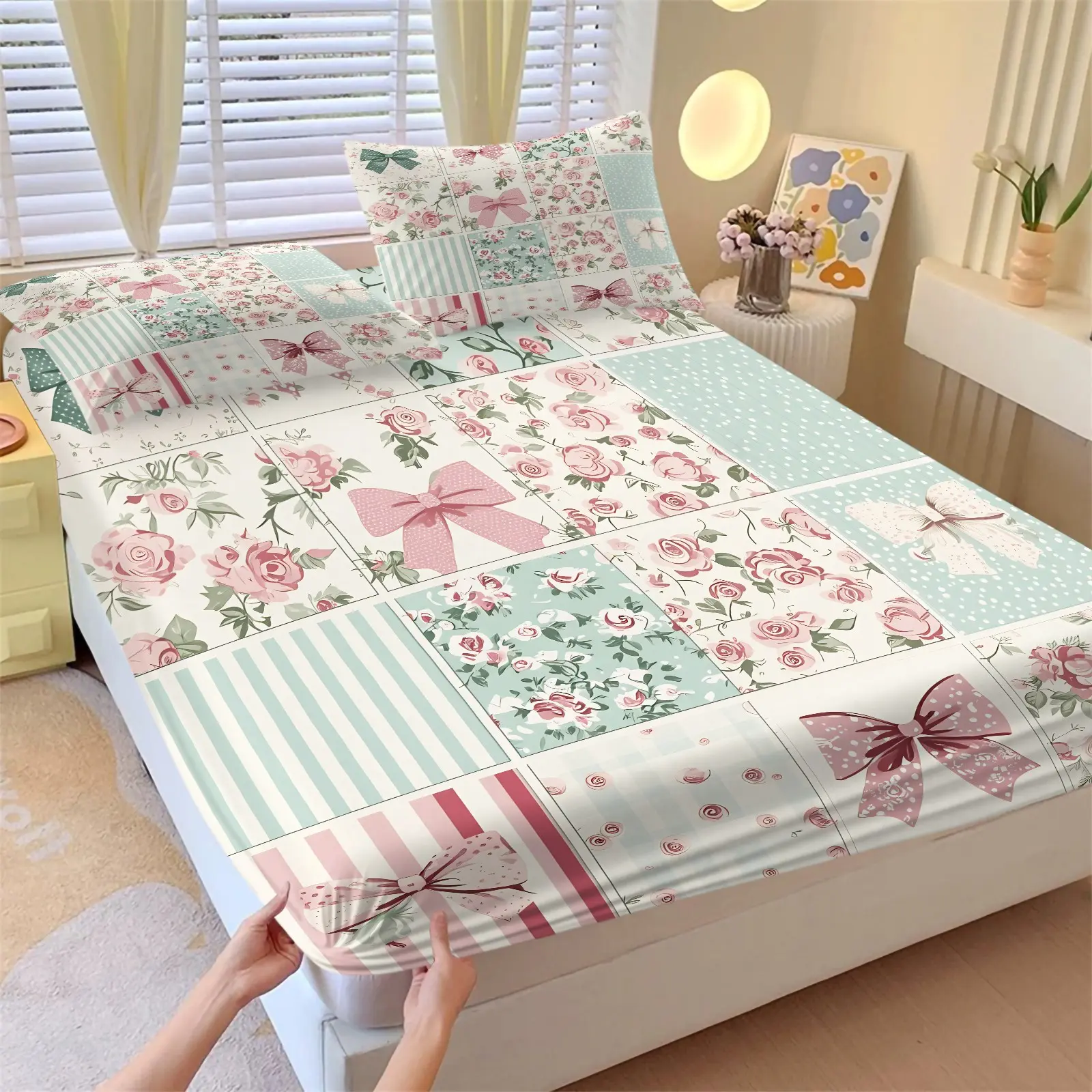 Breathable Floral Patchwork Fitted Sheet Set, 1 Fitted Sheet + 2 Pillowcases - 3 Piece, Pink Green Bow and Rose Grid Design,  Deep Pocket DesignU, Stylish Soft Comfy Bedding for Girls & Teens in Bedrooms, Dorms, Soft Breathable Sheet