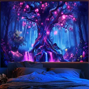 SparkLia Blacklight Fantasy Tree of Life Tapestry – UV Reactive Glowing Neon Forest Wall Hanging, Magical Fairy Waterfall Galaxy Nature Art Decor for Bedroom, Living Room - 59.1" x 80"