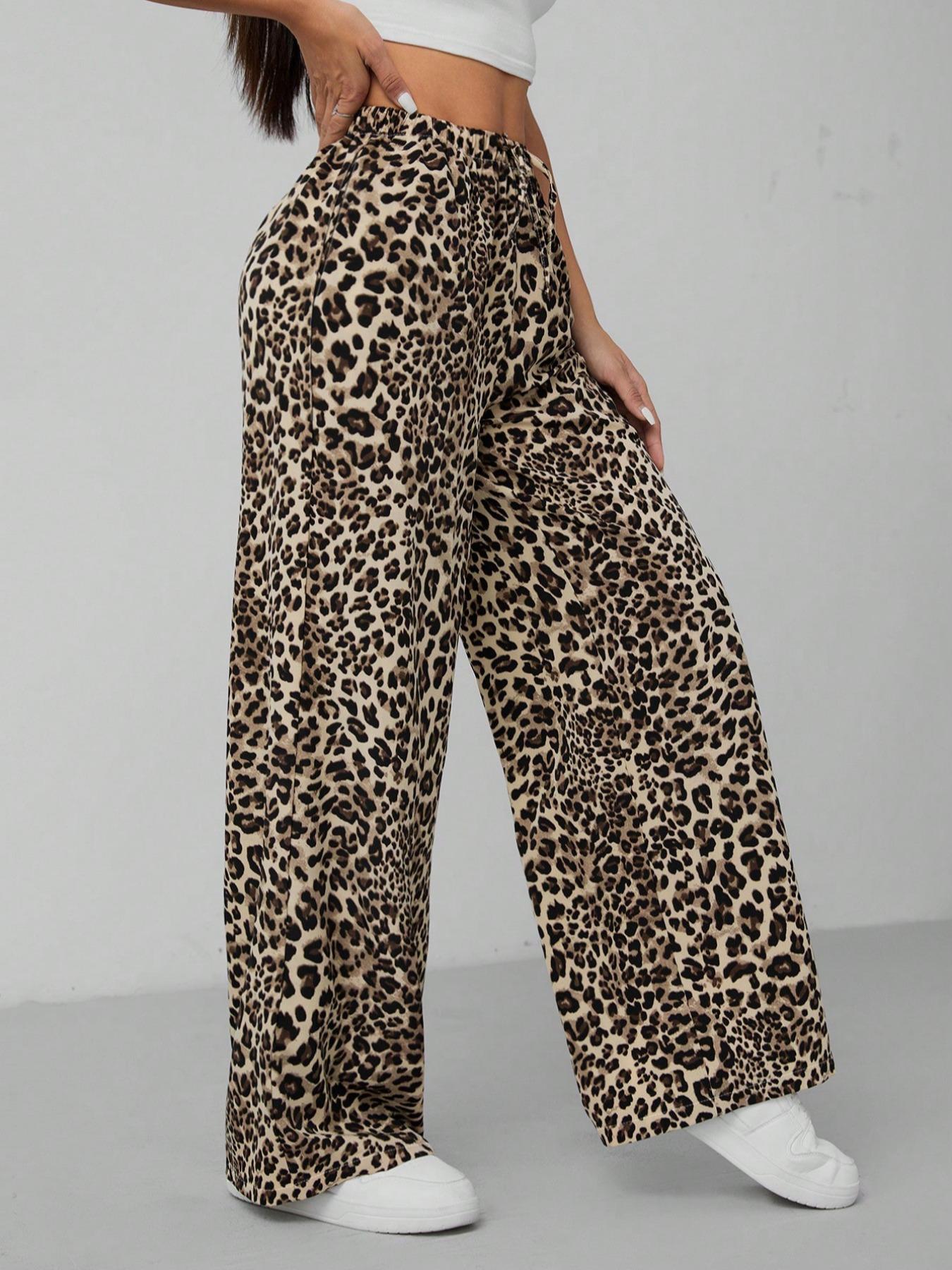 Women's Leopard Print Tie Front Pocket Wide Leg Pants, Casual Comfy Straight Leg Trousers for Daily Wear, Ladies Bottoms for All Seasons, Womenswear