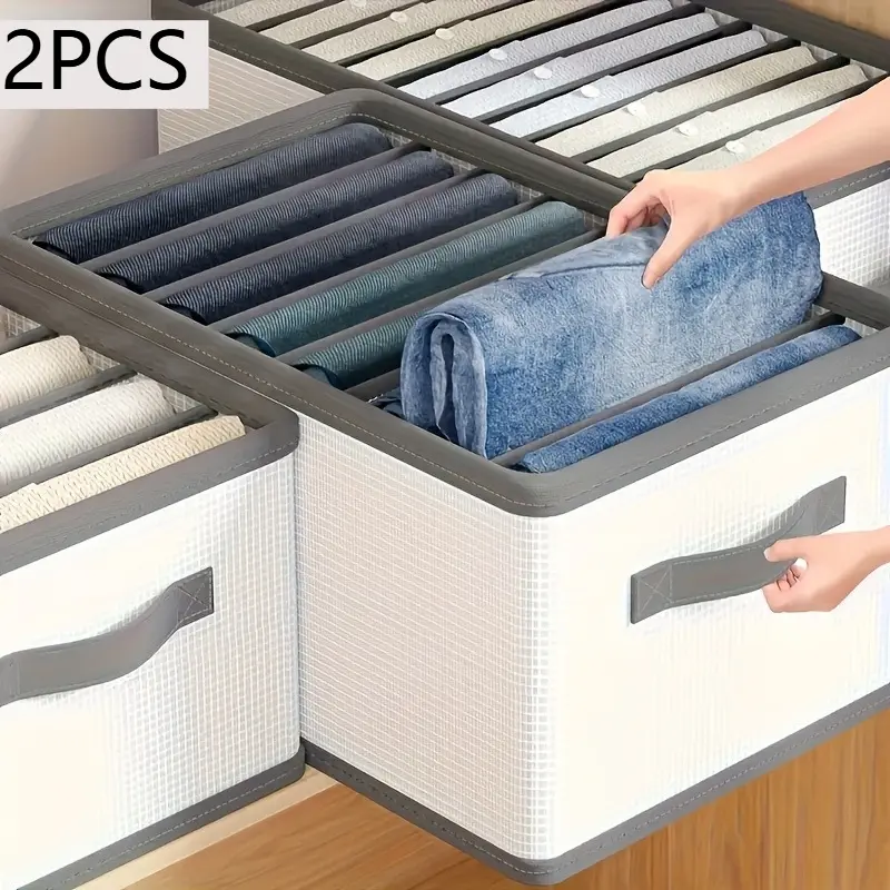2 Pack Foldable Woven Fabric Storage Bins with Handles, Multi Compartment Drawer Organizers for Pants Clothes Bedding Closet Laundry Moving Use