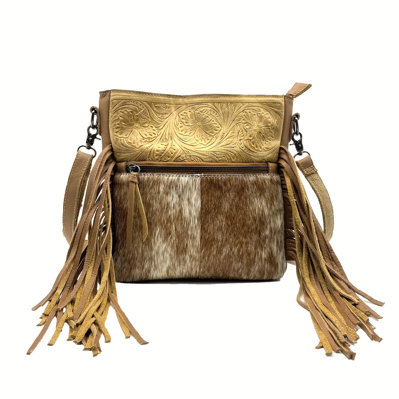 Premium Western Floral Embossed Hair On Hide Men Shoulder Bag Vintage Fringe Purse Tassels Crossbody Messenger Bags