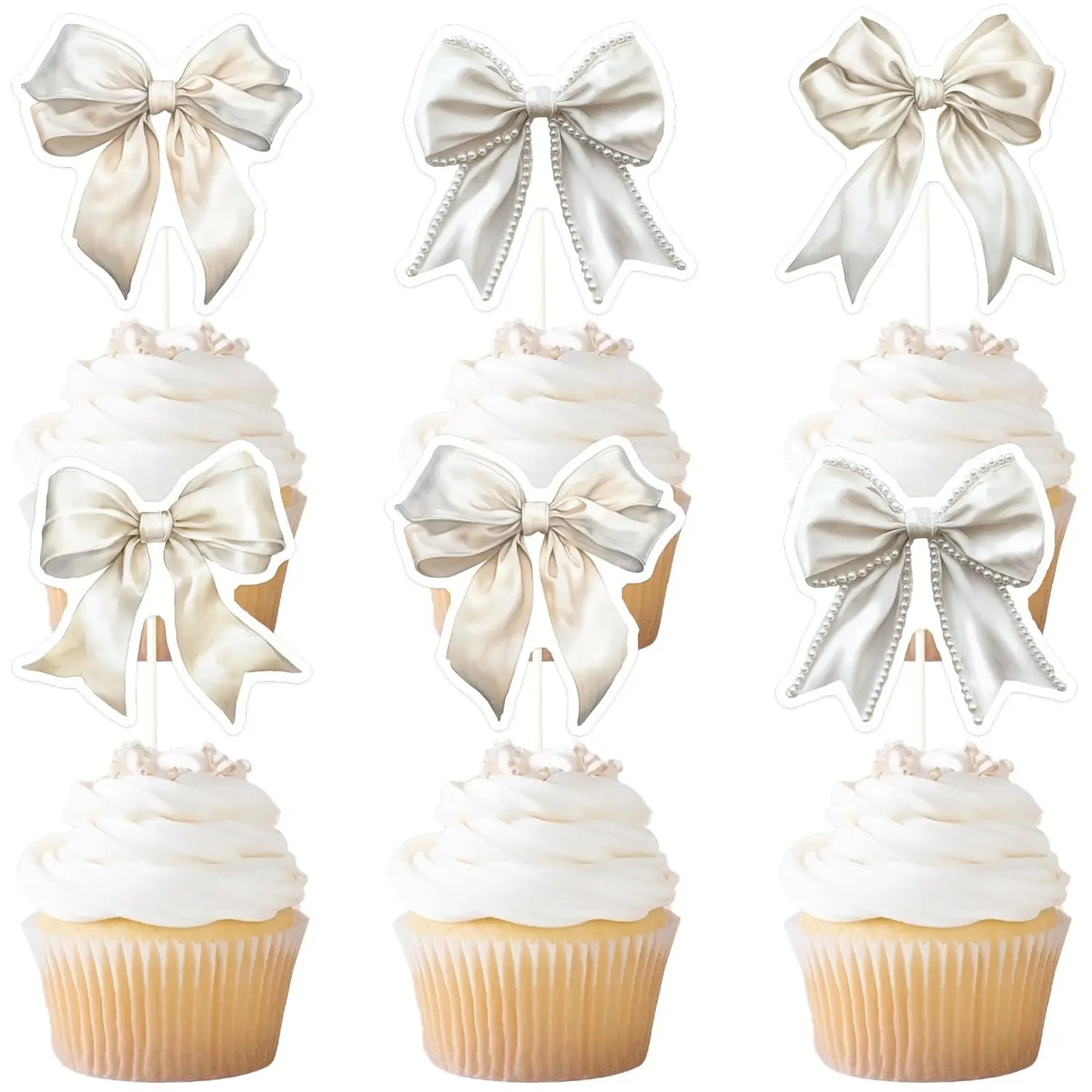 24PCS Acrylic Double-Sided White Bow Cupcake Toppers, Cake Decorating Picks for Bachelorette Bridal Shower, Bow-Themed Party Supplies