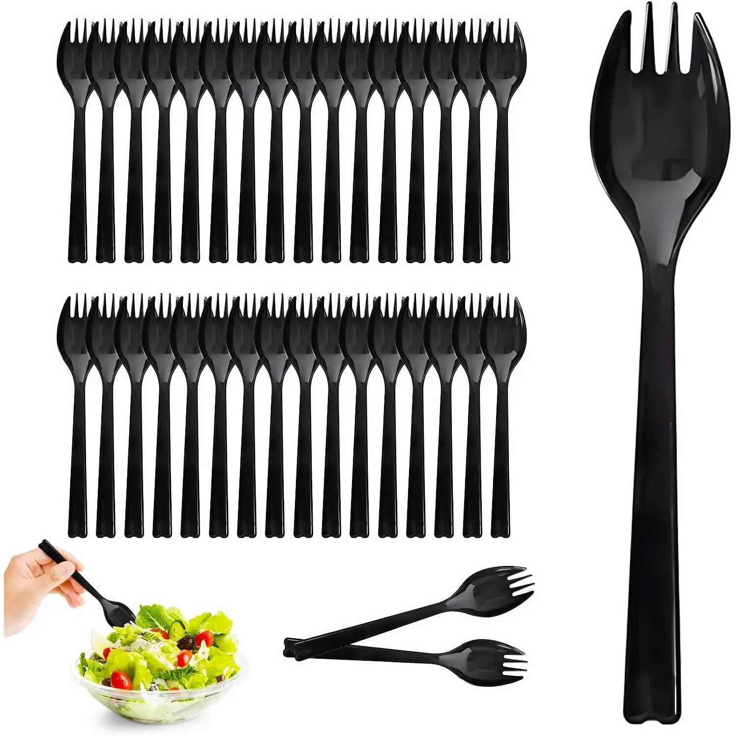 50-Pack Long Handle Disposable Plastic Spoons with Fork Tips, 6.3 Inch Heavyweight Black Spork, -Grade Utensils for Catering, Takeout, Restaurants, Parties & Daily Use