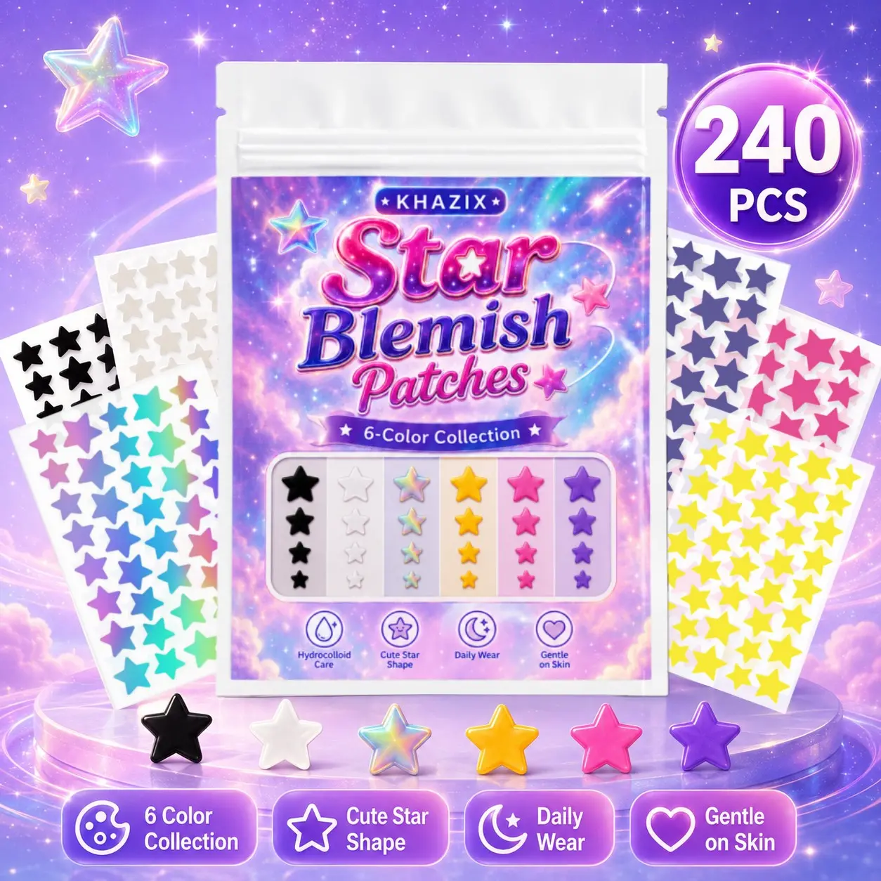240pcs Colorful Star Acne Patches, 6 Macaron Colors, 3 Sizes, Tea Tree Oil, Goldenseal, Hyaluronic Acid, Centella Extract, Daily Care, Travel, Teen & Adult