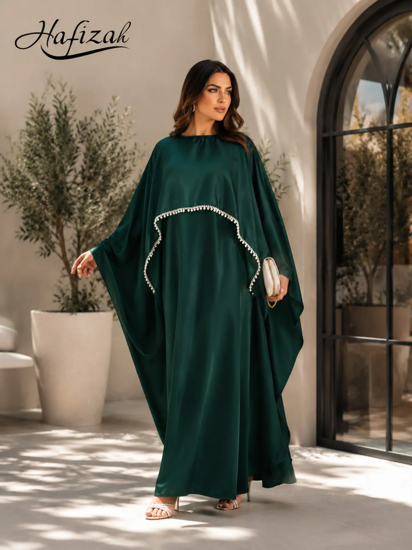 Elegant Shawl Dress for Women, Pearl Trim Batwing Sleeve Long Robe, Muslim Evening Gown for Eid Al Fitr, Wedding Party Wear