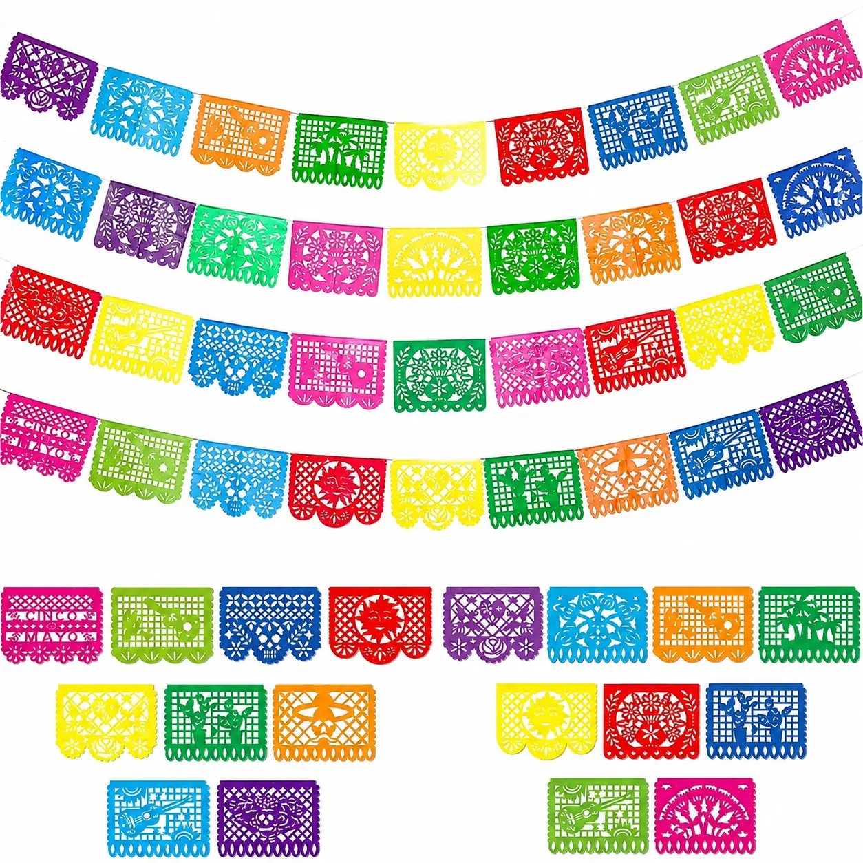 Festive Square Felt Bunting Banner with Traditional Mexican Papel Picado Design – Celebratory Day of the Dead & Carnival Decor for Parties, Wall Hangings, and Cultural Events