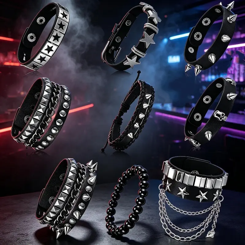 9 Piece Studded Bracelet Set Punk/Goth Studded Cuff Wristbands Featuring Pentagram Studs and Snap-Button Closures; Unisex; Suitable for Party Favors, Themed Events, and Daily Wear Spiked Wristbands