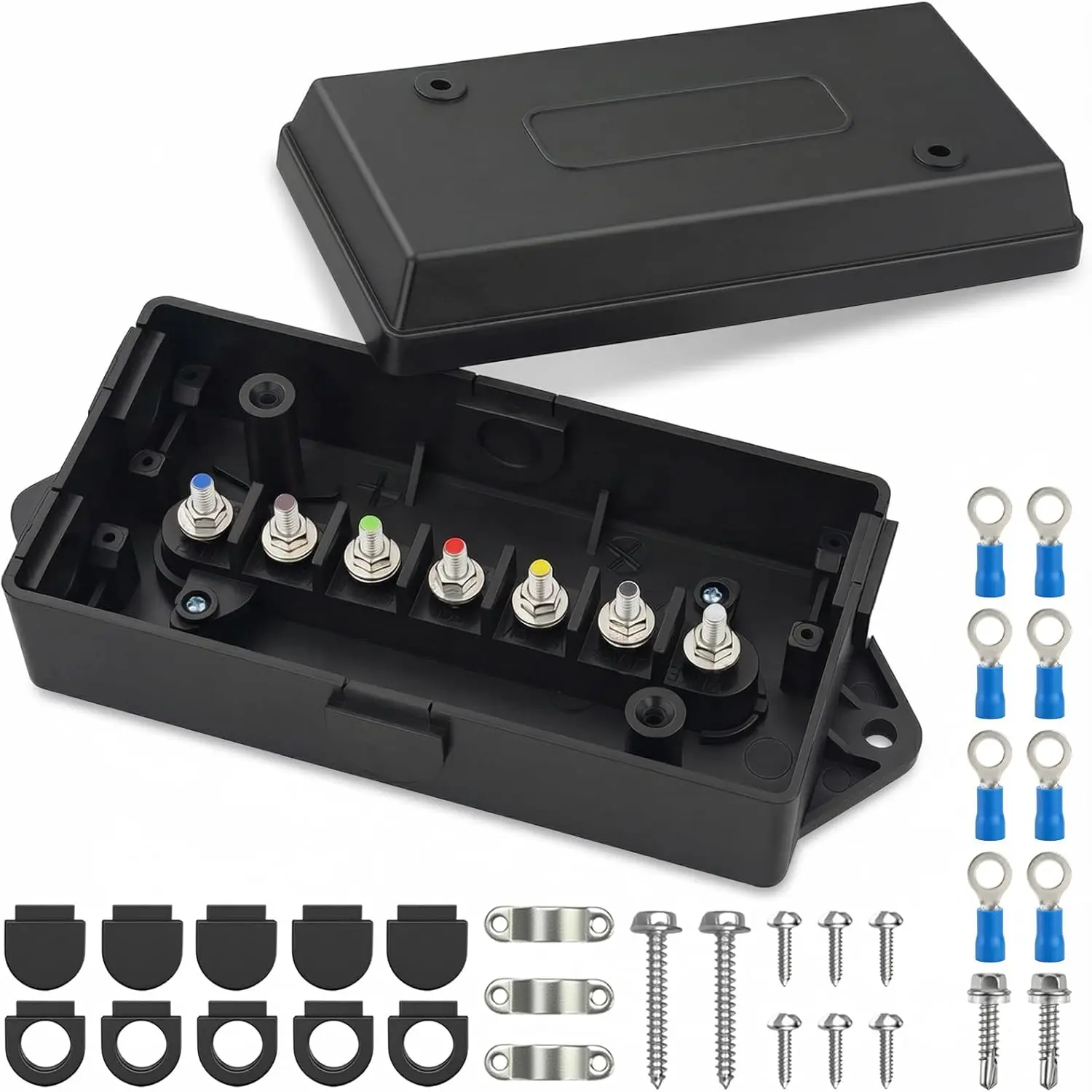 7 Way Electrical Trailer Wiring Junction Box with Ring Terminal Connectors, Weatherproof 12V 7 Pin Wire Cable Connection Terminal Splice Block for RV Camper Boat Trailer Light Rewiring