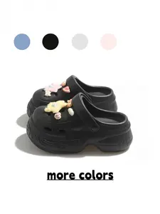 Women's Light Blue Cute Bear & Plush Star DIY Clogs, Macaron Style Chunky Slides for Girls