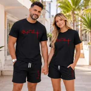 Couples Matching Soccer Heartbeat T-Shirt and Shorts Set, Love Heart Cross Graphic Print Two Piece Outfit, Casual Summer Matching Set for Couples, Game Day, Beach Vacation, Date Outfits, Travel, and Daily Wear