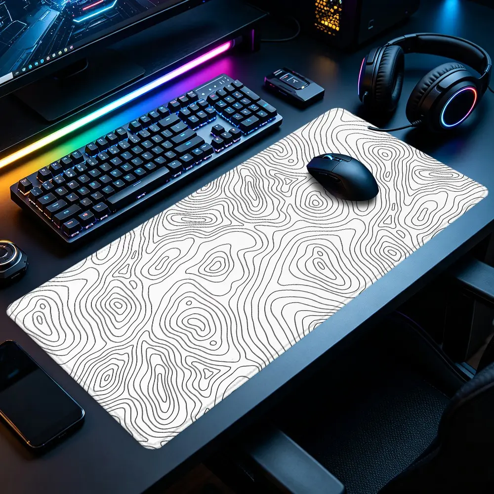 Topographic Line Large Gaming Mouse Pad White Black Minimalist Contour Art Print Smooth Surface Durable Material Fade‑Resistant Print Stitched Edges Non‑Slip Rubber Base For Gaming Office School Home Perfect Gift For Friends, Family, Colleagues