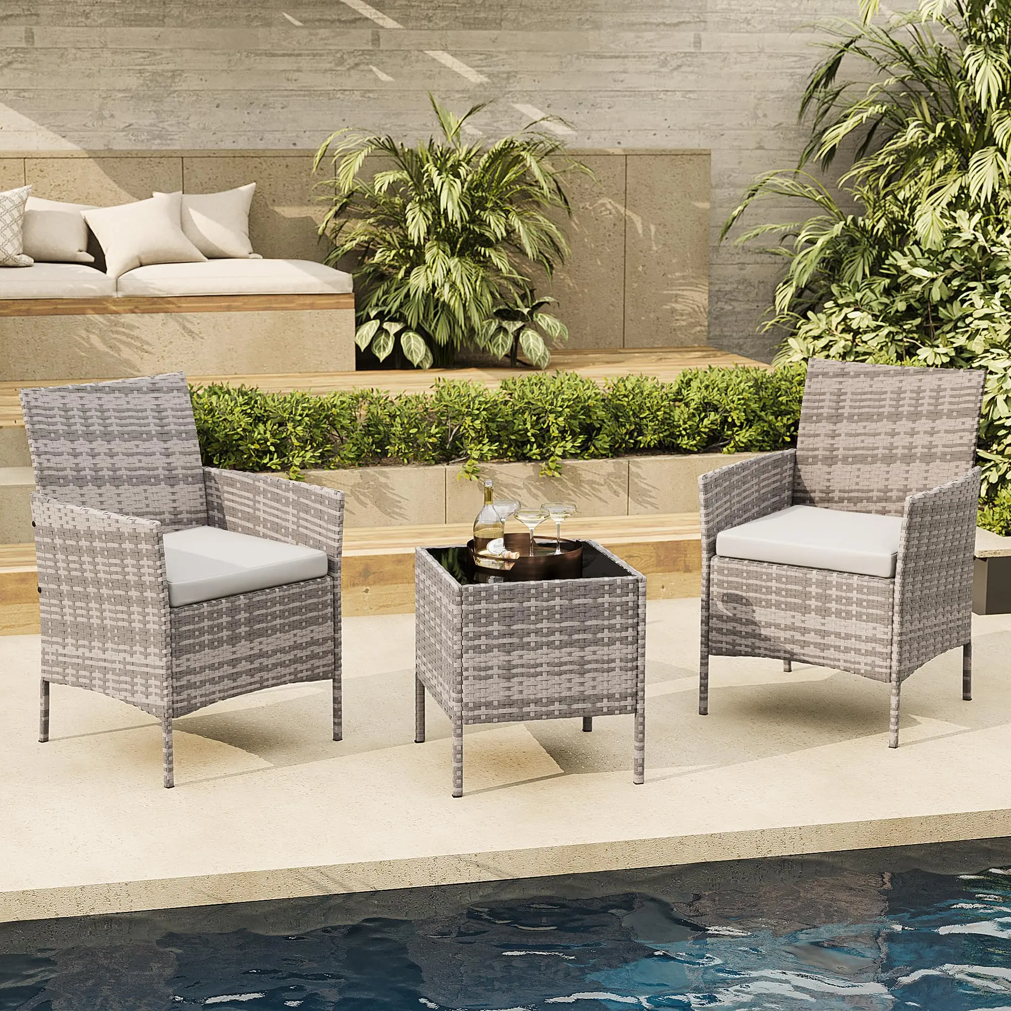 GARVEE 3PCS Rattan Garden Furniture Set with Weather-Resistant Glass-Top Table, 2 Woven Armchairs, Washable Cushions, Ideal for Balcony, Patio, Porch, Deck, or Poolside in Grey, Brown, Blue, or Beige, Two Chairs Set