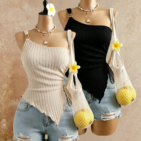 Women's Solid Ruched Asymmetrical Hem Knitted Tank Top, Camisole Tops, Casual Fitted Sleeveless, Elegant One Shoulder Drawstring Side Top for Daily Wear, Ladies Clothes for All Seasons