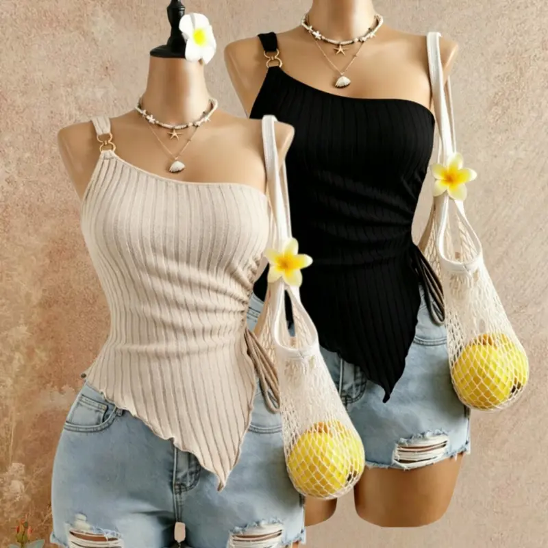 Women's Solid Ruched Asymmetrical Hem Knitted Tank Top, Camisole Tops, Casual Fitted Sleeveless, Elegant One Shoulder Drawstring Side Top for Daily Wear, Ladies Clothes for All Seasons