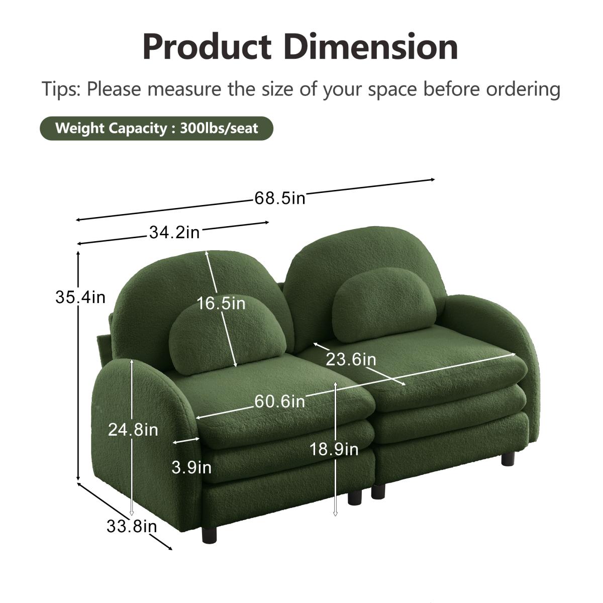 Teddy Fabric Soft Cloud-like Loveseat Sofa,Curved Backrest and Armrest with Curved Lumbar Pillows, Modular 2 Seater Couch with Supportive Double-layer cushion, Green