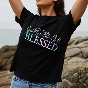Casual Style Women's T-Shirt Grateful Thankful Blessed Inspirational Quote Summer Autumn Gift For Her