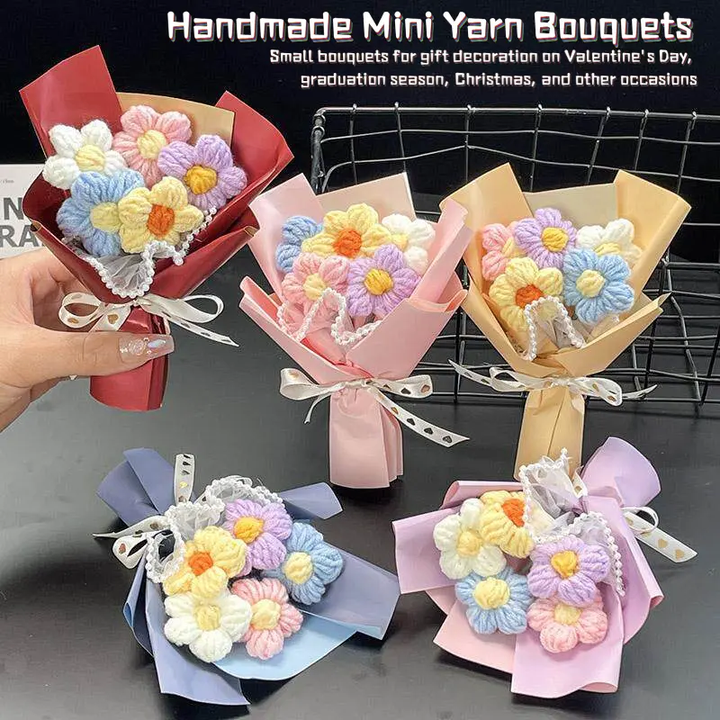 Creator's Picks Mini Handmade Yarn Decorative Flower Bouquets - 2/4/6 Pcs Knitted Floral Arrangements, Valentine’s Gift, Home Decor, Photo Shoot Prop, Mixed Silk/PVC Material