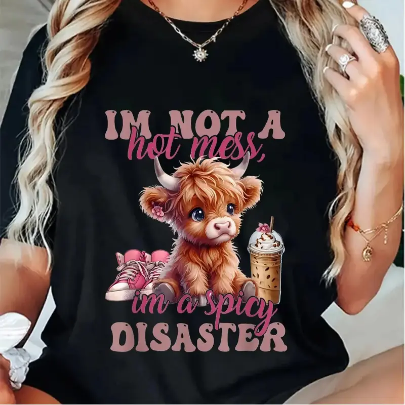Unisex Funny Blush Pink Highland Cow Print Crewneck Short Sleeve Sports Top - Lightweight, Comfortable, Ribbed, Round Neck, Loose Casual Spring Shirt for Women Men (I'm Not a Chaotic Character)