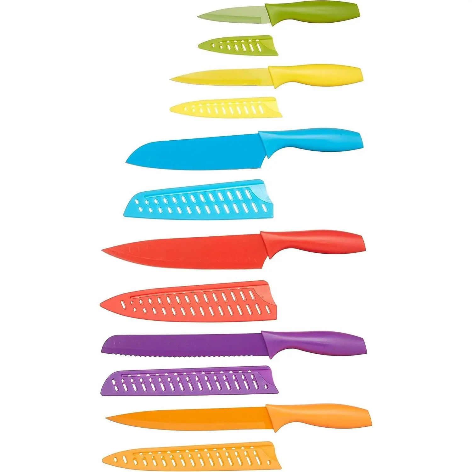 Amazon Basics Color-Coded Dishwasher Safe Kitchen Knife Set, 12-Piece with Ergonomic Handles, Non-stick Sharp Blades, 6 Knives with 6 Blade Guards, Multicolor, 13.88 x 4.13 x 1.38 inch