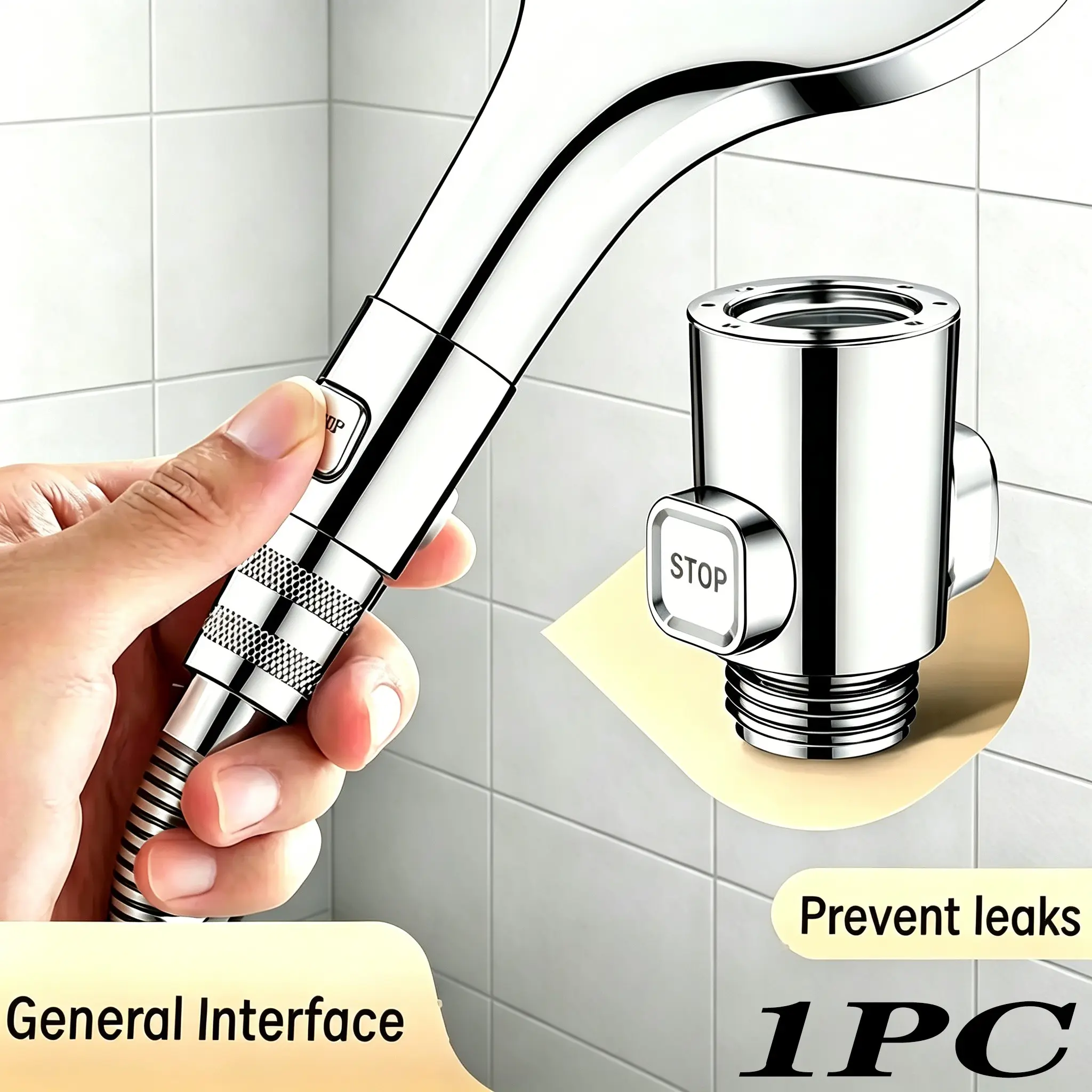 Shower Head Shut-Off Valve, Single Hand Operation Water Stop Switch, Universal Flow Control Adapter General Interface for Bathroom Shower Hose, Prevent Leaks, Chrome Finish