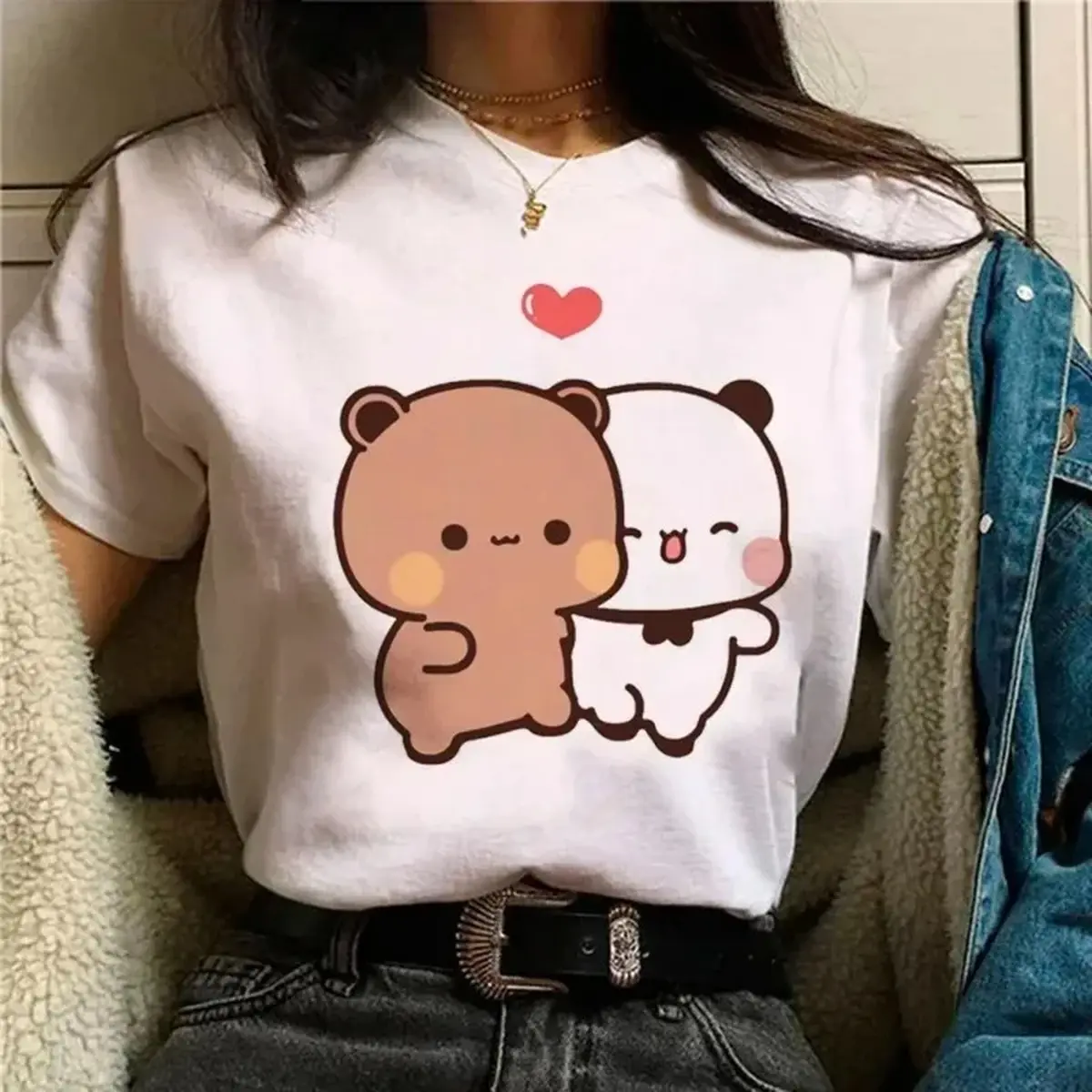 Bubu Dudu Cute Cartoon Graphic T-Shirt, Women Fun Harajuku Style Summer Cotton Breathable Loose Casual Short Sleeve Tops Tees, Cartoon Print