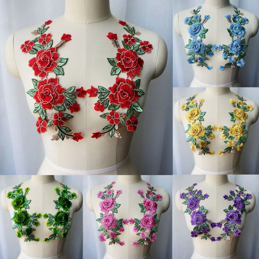 2PCS Red Rose Blue Purple 3D Flowers Embroidered Gown Floral Appliques Lace Fabric Collar Sew Embroidery Patches For Wedding Decoration DIY
