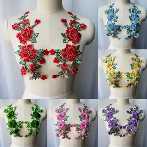 2PCS Red Rose Blue Purple 3D Flowers Embroidered Gown Appliques Lace Fabric Collar Sew Patches For Wedding Decoration DIY