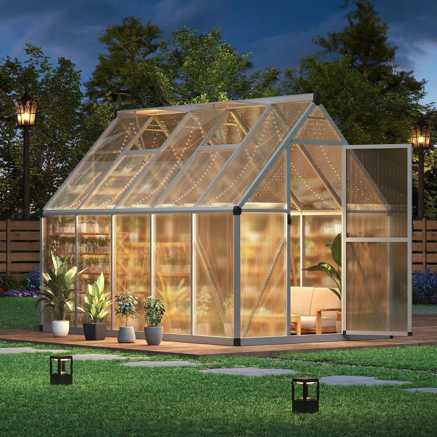 6×9 FT Heavy Duty Outdoor Polycarbonate Garden Greenhouse Kit, Large Walk-In Aluminum Greenhouse with Sun Protection, Enhanced Frame, and Lockable Push Door, Silver, Aluminum Greenhouses