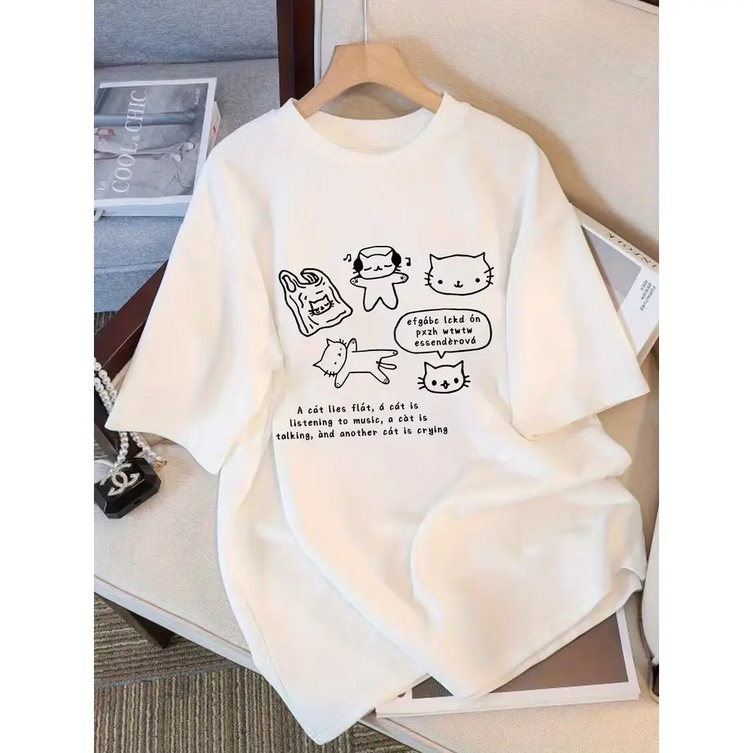 Cute Doodle Cartoon Cats Graphic Oversized Cotton T‑Shirt Comfort Fashion Casual Outfit Valentine Gift For Cat Lovers Holiday Best Present For Him Her