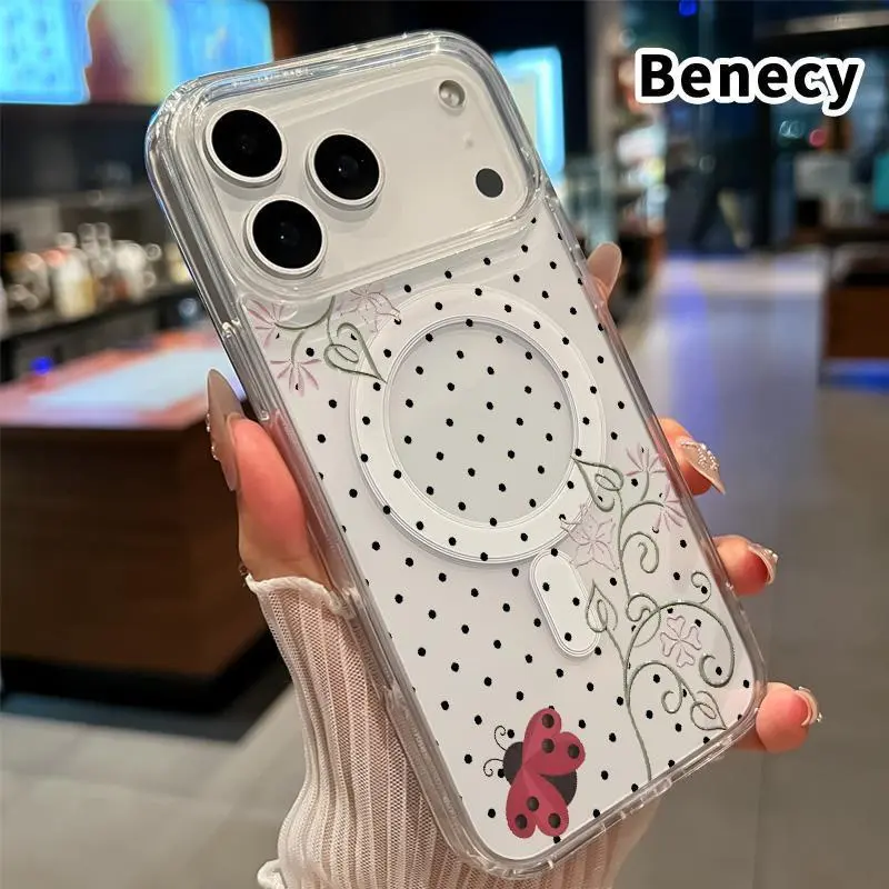 Clear Phone Case for iPhone 17 16  Pro Max Plus 15 14 13 12 11 Air E Ladybug Floral Dots  Pattern Magnetic Sunction Acrylic Back Full Body Protective Cover Protection Wireless Shockproof Transparent Silicone Casing