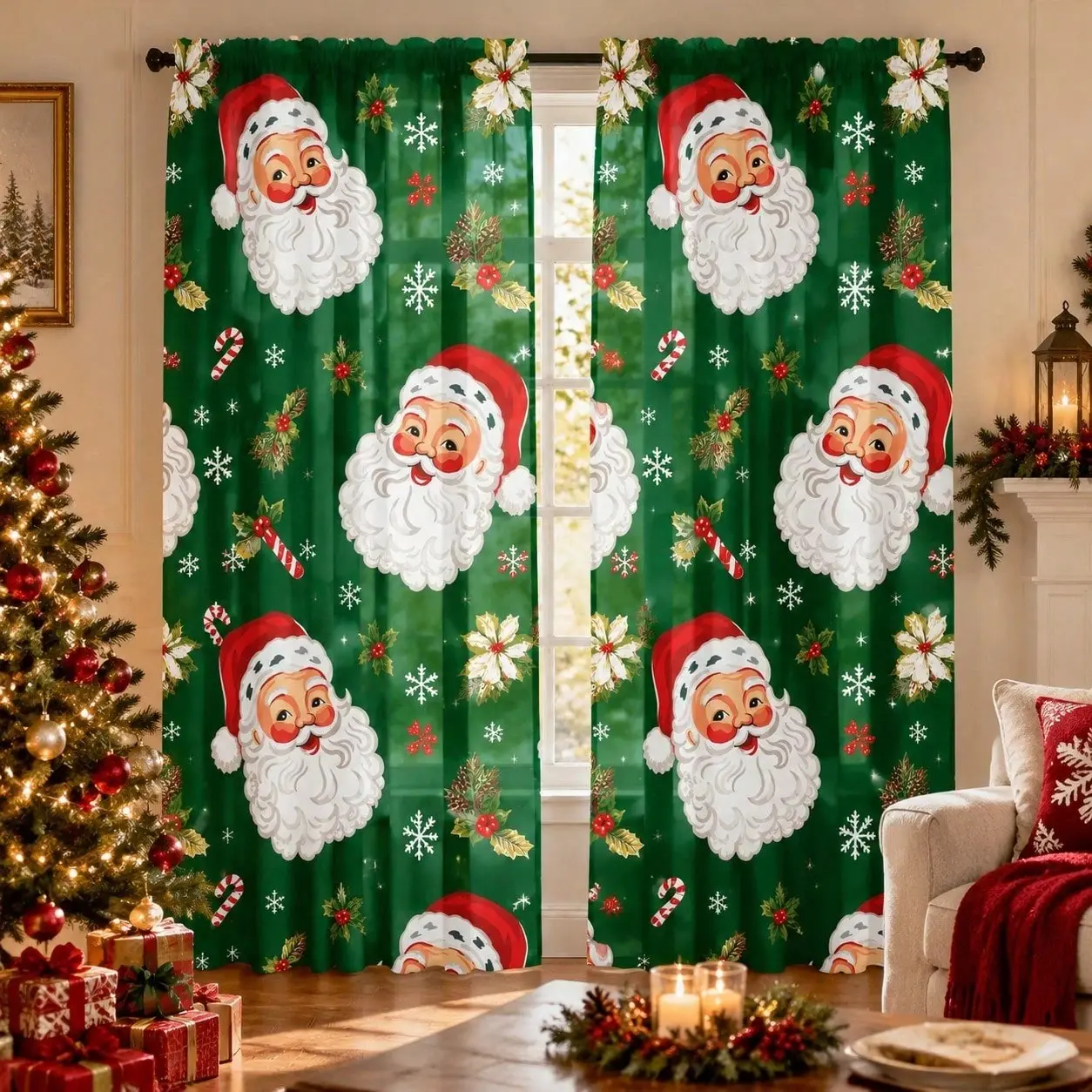 2-Piece Christmas Claus Print Curtains, Modern Art Style, Semi-Transparent Privacy & Light Blocking, Living Room, Bedroom, Kids Room, Sunroom Decor