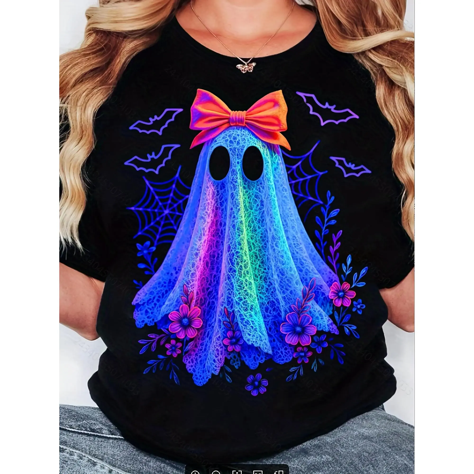 Women'S Neon Glow-In-The-Dark-Inspired "Boo" & Rainbow Graphic T-Shirt |   Short Sleeve Round Neck Casual Tee With Neon Bow & Bats Design, Breathable Fabric For Summer, Themed Parties & Casual Attire