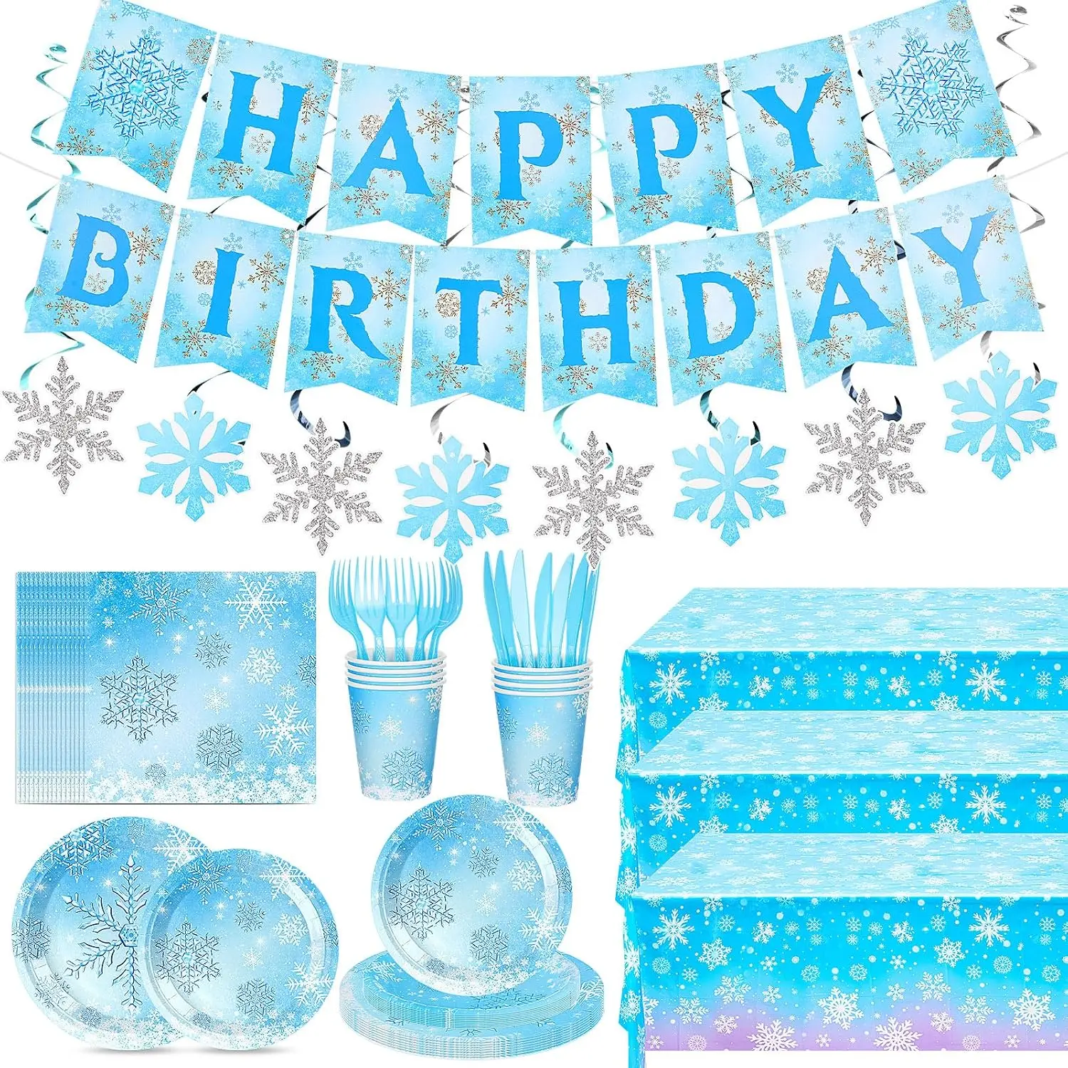 148-Count Summer Snowflake Party Supplies Set, Thick Paper Disposable Tablecloths, Plates, Cups, Napkins, Forks, Spoons & Banners for Birthday Wonderland Decorations