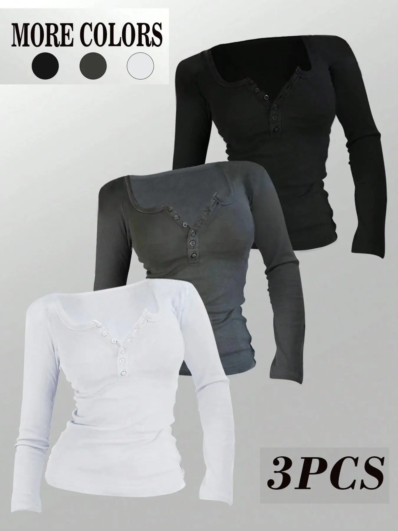 3PCS Women Ribbed Long Sleeve Henley Shirts Set, V-Neck Button Placket Slim Fitted Basic Tees, Solid Color Stretchy Soft Knit Layering Tops, Casual Knitting Top, Y2K Casual Daily Wear, Undershirt Blouse For Shopping, Dating, Outfits For Ladies
