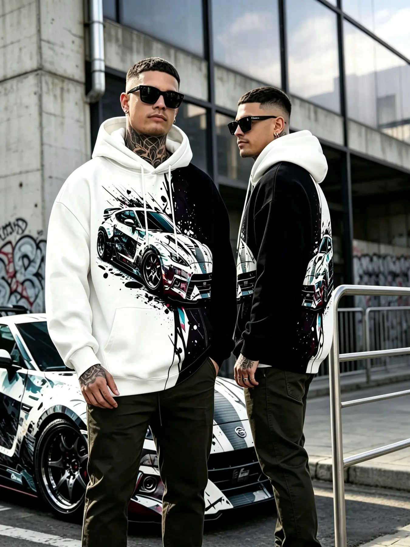 Men's Hooded Sweatshirt Long Sleeve, All over Print Racing Car Graffiti Pattern, Loose-Fit Casual Streetwear for Fall Season