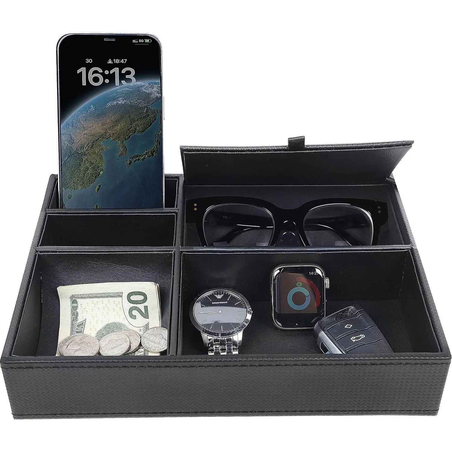 Men's Valet Tray,  Box Nightstand Organizer with 5 Compartments for Phone  Wallet Watch Glasses, Faux Leather Dresser Entryway Catchall Holder for Father's Day  (Black)
