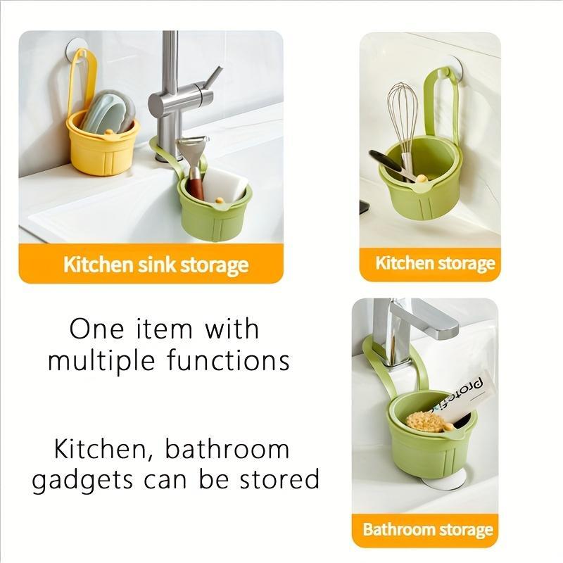 Multi-Function Hanging Kitchen Sink Basket with Button Drain and Storage Design, Easy One-Second Installation, Durable Plastic for Kitchen and Bathroom Organization, Hangable Filter, Kitchen Sink Strainer