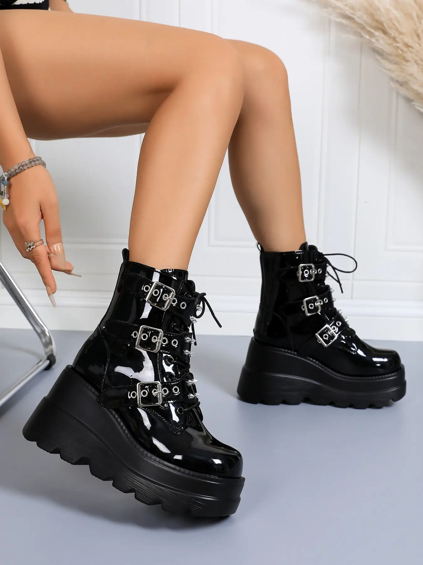 2026 New Arrival, Wedge Platform Heightening Ankle Boots, Multi Square Metal Buckle Ornament, Reflective Spliced Patches, Glossy PU Upper, Gear Anti-slip Wear-resistant Sole, Punk Dark Casual Style, Daily Street Outfits, Music Festival Wear, Versatile Lad