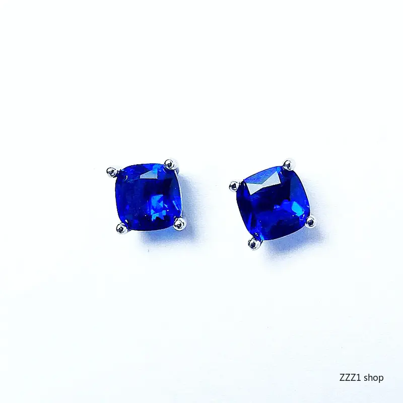 Women Square Blue Crystal Stud Earrings, 4 Prong Setting Sapphire Color Ear Jewelry, Dreamy Starry Blue Colorful Rhinestone Ear Studs, Elegant Daily Accessories for Dating, Office Work and Dinner Occasions