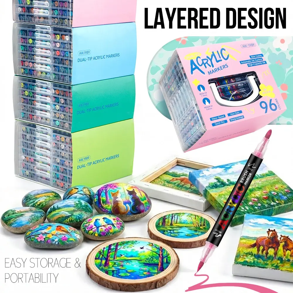 12-96 Colors Dual-Ended Acrylic Markers Set, Large Capacity, Water-Washable, Stackable Storage, Ideal for DIY, Sketching, Notebooks, Art