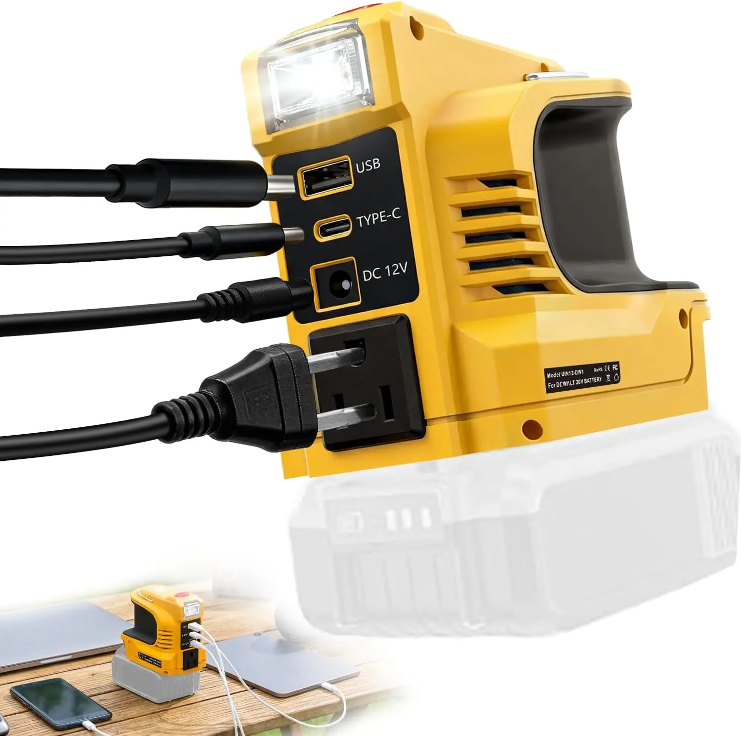 200W Power Inverter for DEWALT 20V Battery (DC 20V to 110V/120V) - 003 Model AC Power Supply Adapters for Jobsite Users, Portable Generator with 1 Outlet, 5V/2.4A (USB-A), Type-C, DC 12V Output for Laptop Phones (Battery Not Included), Camping