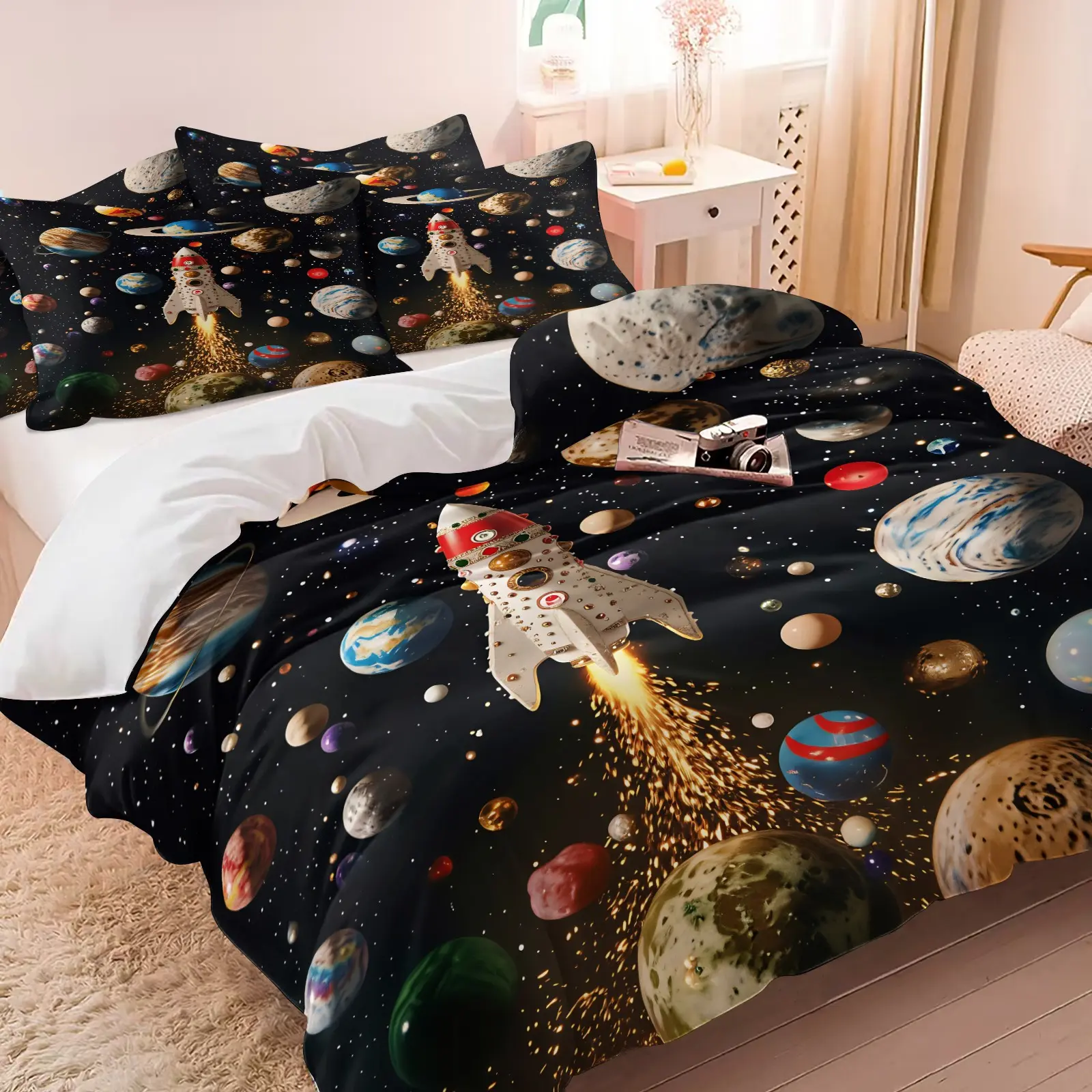 3PCS Cartoon Outer Space Rocket Duvet Cover Set (1 Duvet Cover + 1-2 Coreless Pillowcases), Colorful Planet Galaxy Star Pattern, Soft Comfy All Seasons Bedding Set, Ideal for Boys Kids Space Themed Bedroom Decor