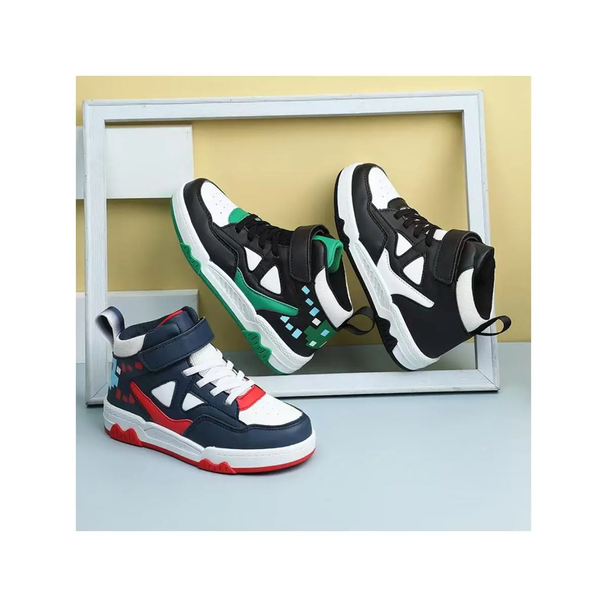 1 Pair of All-season Children's High-top Shoes with Hook-and-loop Closure, Featuring Geometric Print Blocks and Color-blocked Design. These Trendy Sneakers Are Suitable for School, Indoor and Outdoor Running, and Are Perfect for Teenagers