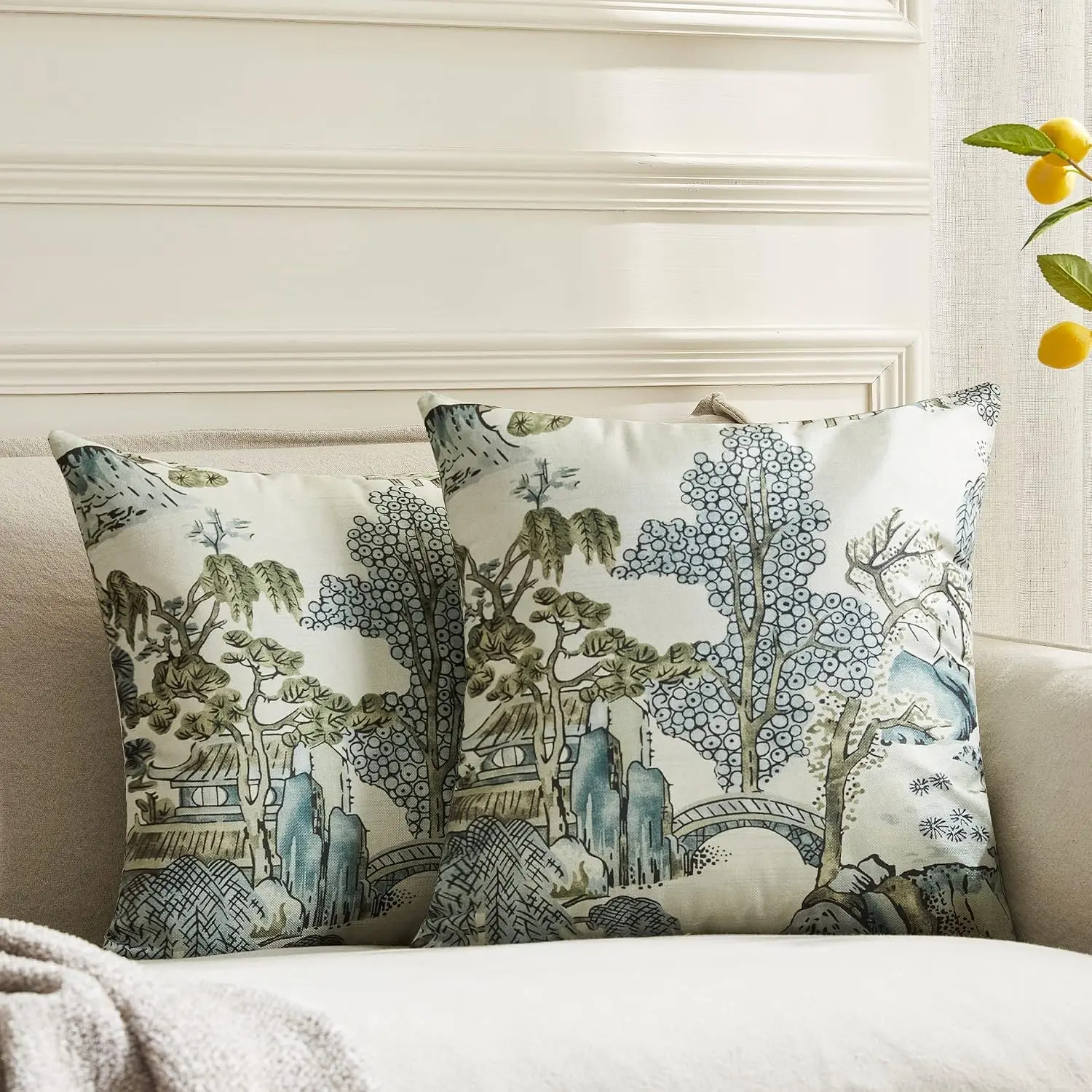 Pack of 2, Chinoiserie Pillow Cover 16 x 16 Inch  Scenic Grey Throw Pillow Covers Linen  Tree Leaves Pillow Case Cushion Covers for Sofa Couch Living Room