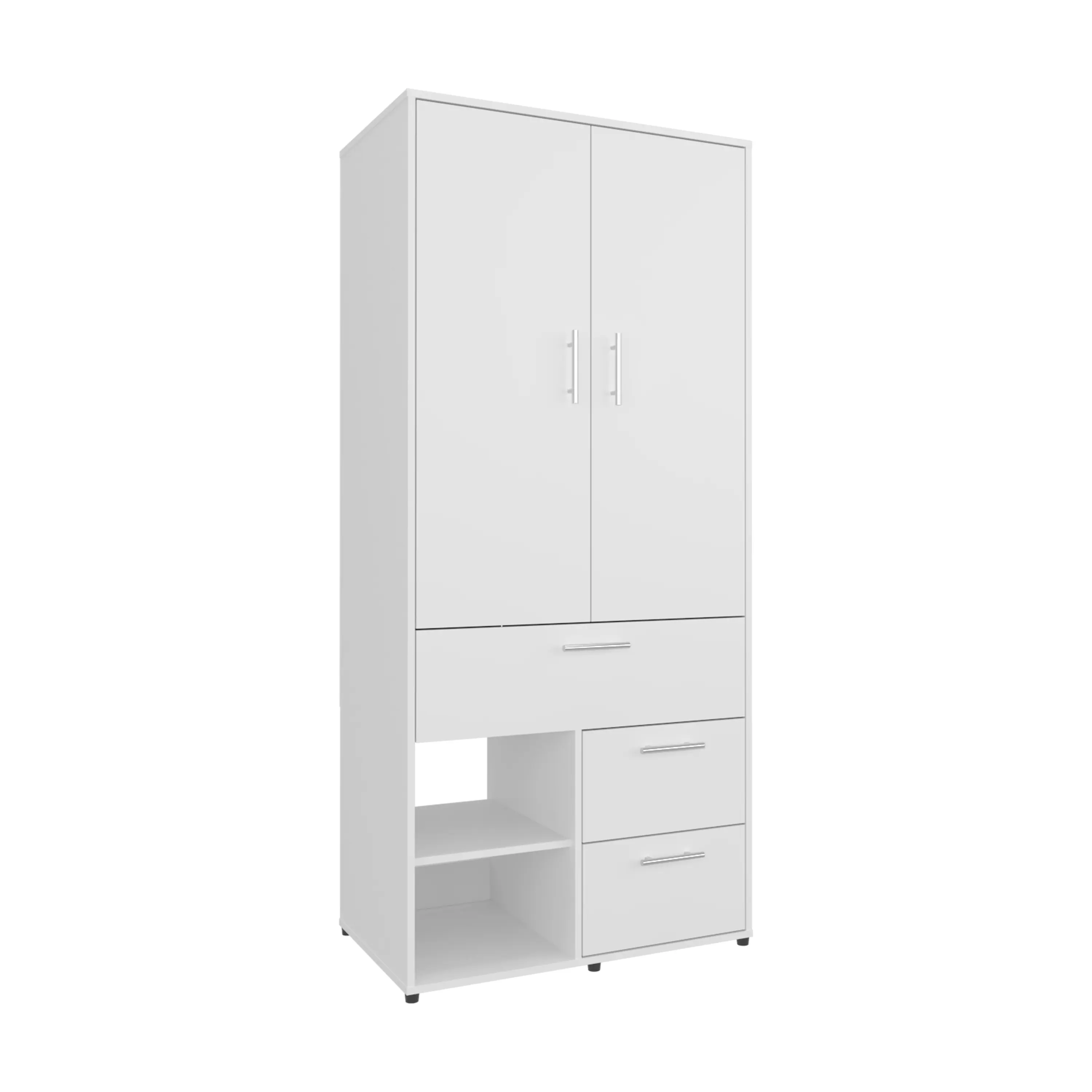 Nokka Tall Freestanding Particle Board Wardrobe Armoire - Compact Multiple Compartments Wardrobe, Double Doors, Hanging Rod, Shelves, Drawers, Modern Bedroom Storage, White, 31.5"W x 21.2"D x 70.8"H, Multiple Compartments Wardrobes