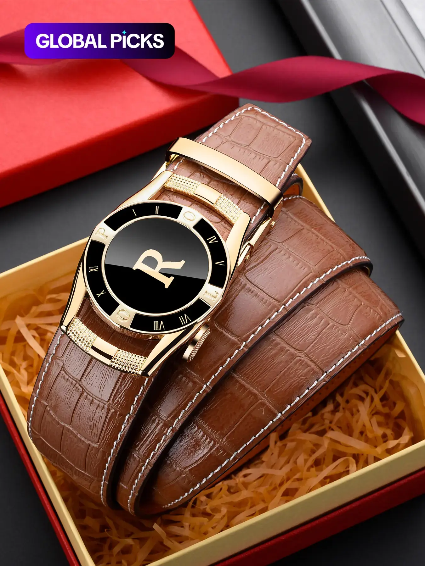Men's Automatic Buckle Crocodile Embossed Belt, Business Casual Waistband for Work Office, Fashion All-match Clothes Accessories, Belt with Buckle