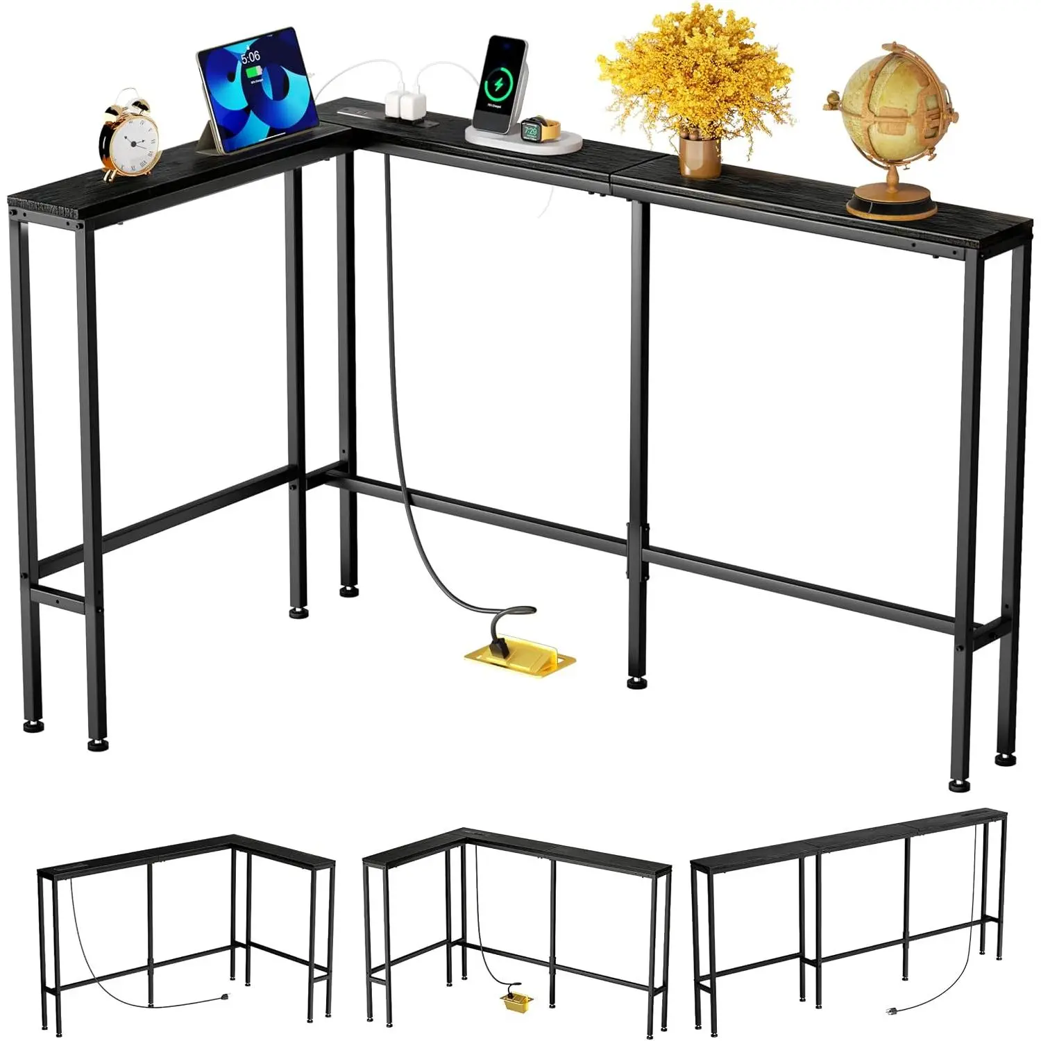 L Shaped 78" Narrow Console Sofa Table with -in Power Strip (2 AC Outlets & 2 USB Ports) – 4.9ft Power Cord, Metal Frame, Easy Assembly, Ideal for Behind Couch, Hallway (Black, 78IN)