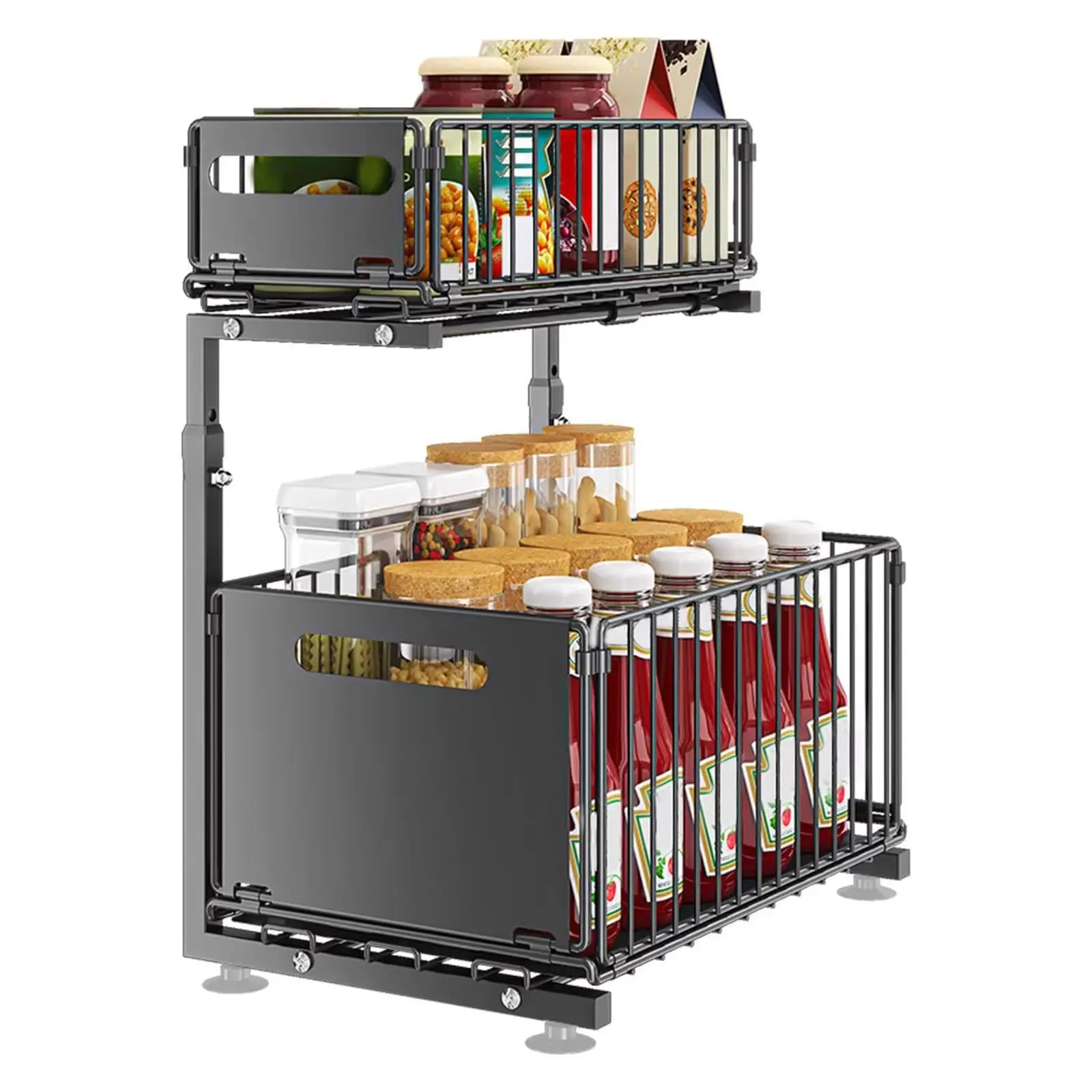 2-Tier Adjustable Under Sink Organizer, Metal Storage Rack with Sliding Mesh Drawers & Ball Bearing Slide, Height Adjustable Pull-Out Cabinet Basket, Space Saving Shelf for Kitchen Bathroom Pantry Laundry, Black, 38 x 26.5 x 41-48.5cm